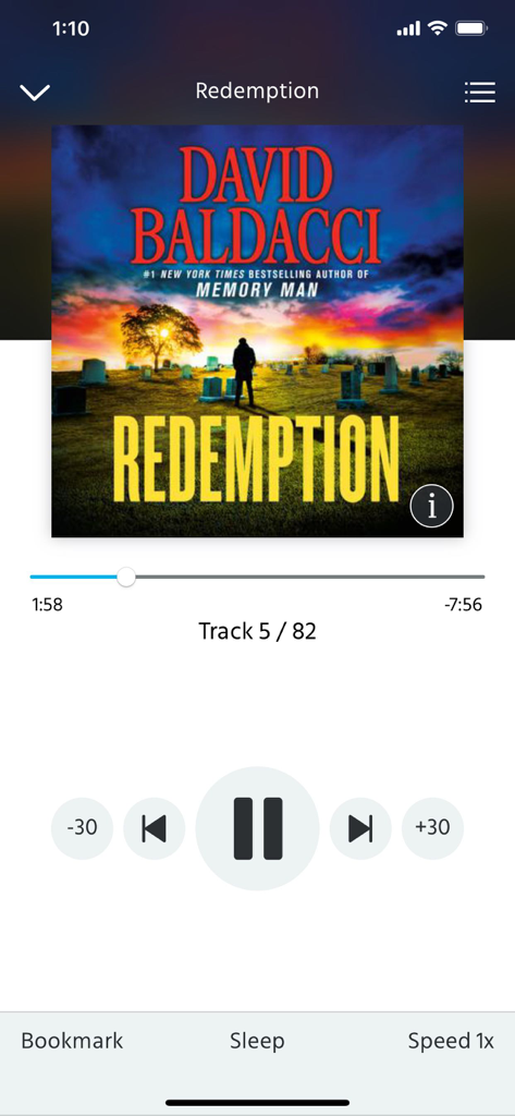 Hörbuch-Player-Oberfläche in der Downpour-App mit "Redemption" von David Baldacci