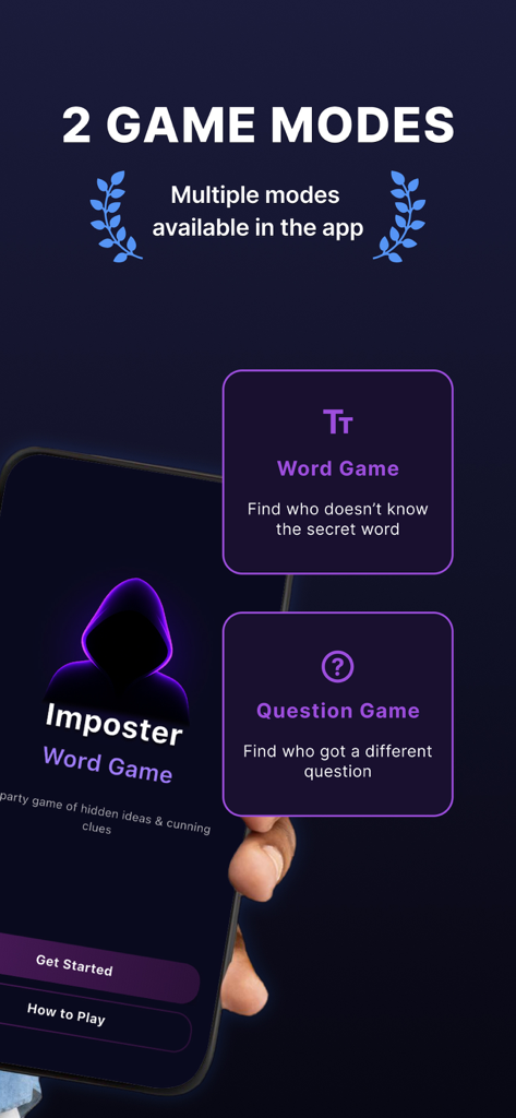 Imposter app screenshot showcasing two game modes Word Game and Question Game