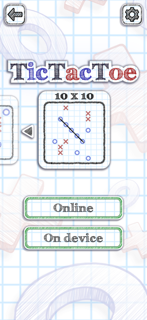 Menú principal de Tic Tac Toe 2 Online mostrando el campo de juego de 10x10 y opciones para jugar en línea o en el dispositivo