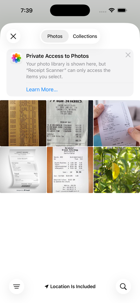 Receipt Scanner · OCR Scan - Receipt Scanner app photo library selection screen showing various receipts and a privacy access message