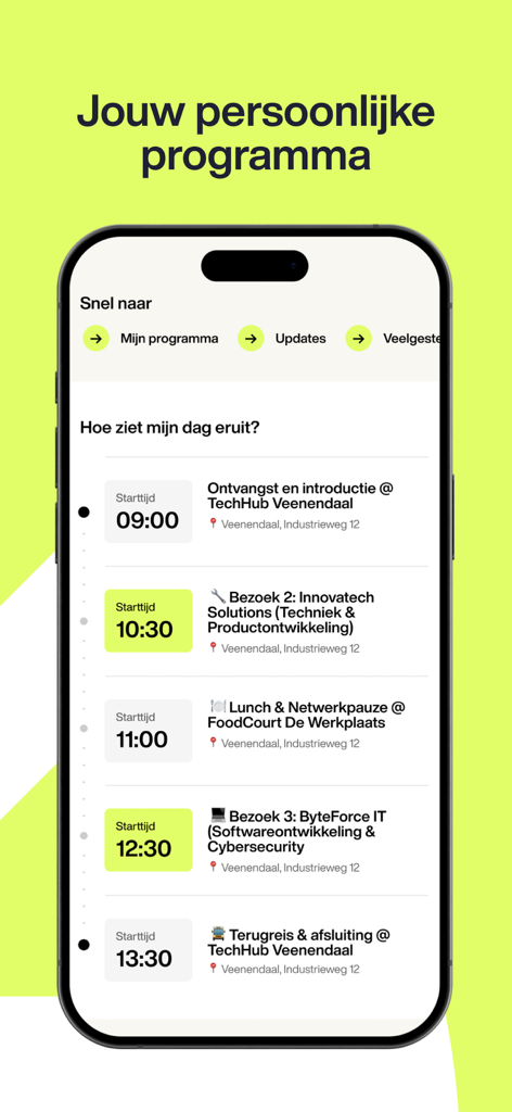 Tomorrow Talents - Tomorrow Talents app screen showing a personalized daily schedule for a student career discovery day with specific company visits and times