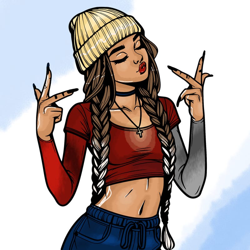realistic teenage girl with braids and a beanie and crop top doing 🫶🏼