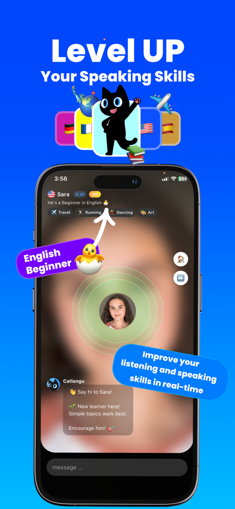 Catlangu - Language Practice - Real-time language speaking practice interface on the Catlangu mobile app