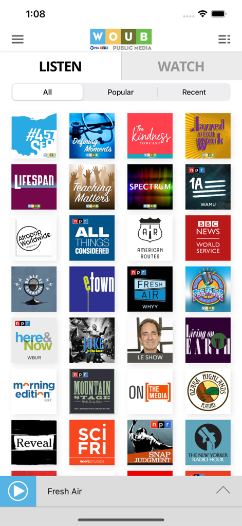 WOUB Public Media App - A grid of public radio programs and podcasts on the WOUB Public Media App listen screen.