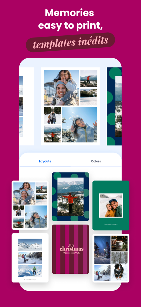 CHEERZ - Photo Printing - Cheerzアプリのインターフェースには、プリント用の様々なフォトコラージュテンプレートとカラーレイアウトが表示されています。