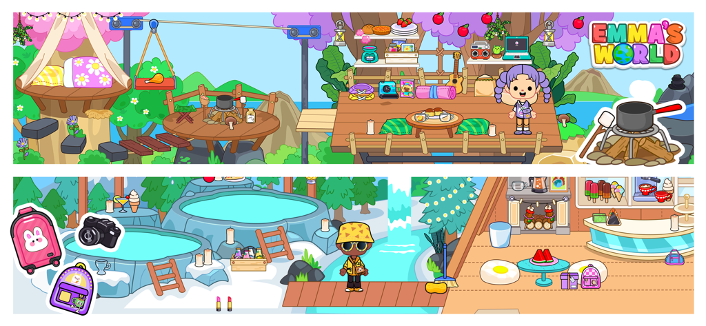 Gameplay scenes from Emmas World featuring a treehouse camp, outdoor hot springs, and a cozy cafe.