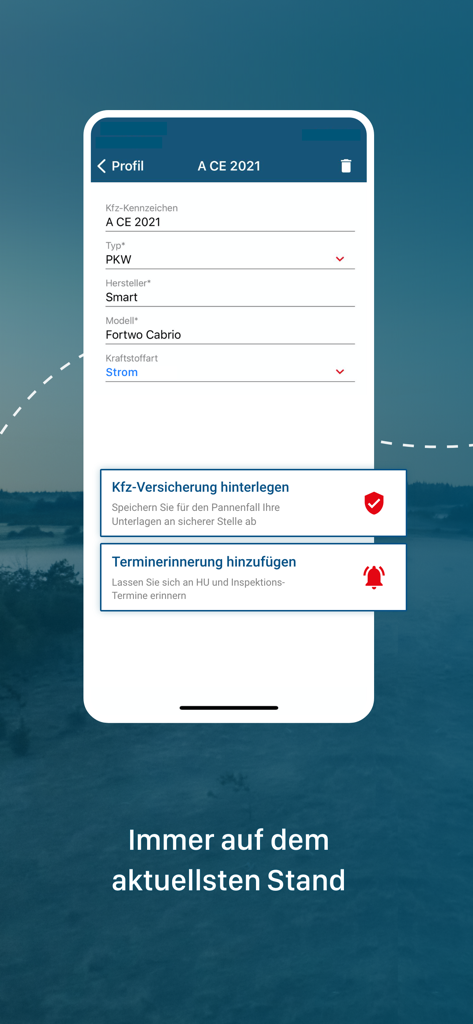 Pantalla de perfil de la app móvil ACE Auto Club Europa mostrando detalles de registro del vehículo e información del seguro