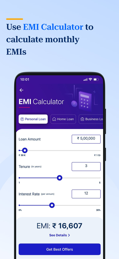 Paisabazaar.com- Loans & Cards - Interfaz de la calculadora de EMI en la aplicación Paisabazaar para calcular los pagos mensuales de préstamos