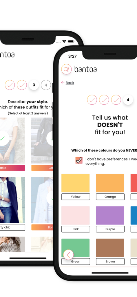 Telas do aplicativo Bantoa mostrando um questionário de estilo pessoal e seleção de preferências de cores para recomendações de looks personalizados.