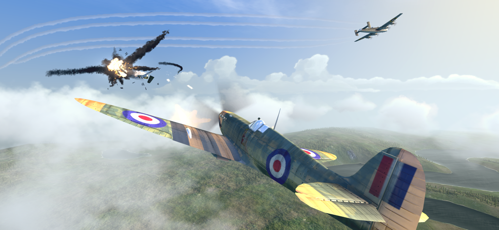 Warplanes: WW2 Dogfight FULL - A British Spitfire fighter plane engages in a high-action aerial dogfight with a mid-air explosion in the background