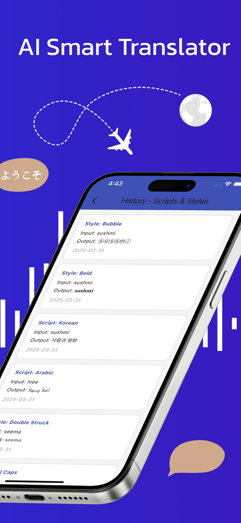 TranslateMate AI - Uma tela de celular mostrando o histórico de estilos de texto como bolha e negrito e scripts como coreano e árabe no aplicativo TranslateMate AI