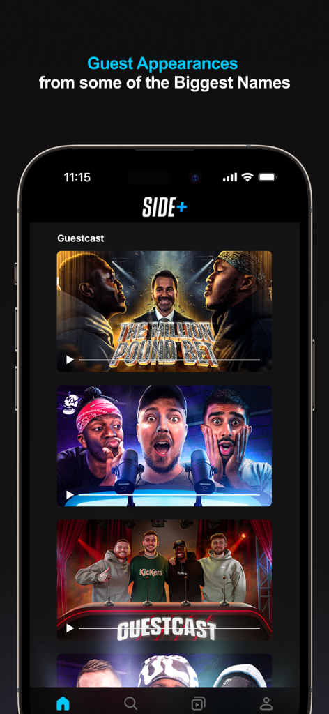 Side+ - Interfaccia dell'app mobile Side Plus che mostra apparizioni esclusive di ospiti e episodi video.