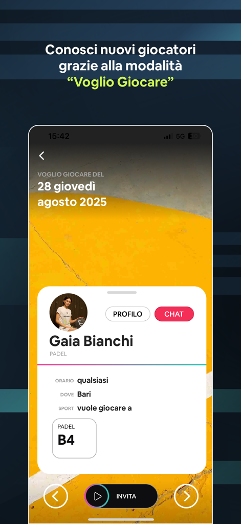 Wansport app screen showing a player profile for Gaia Bianchi with skill level and invite button for padel
