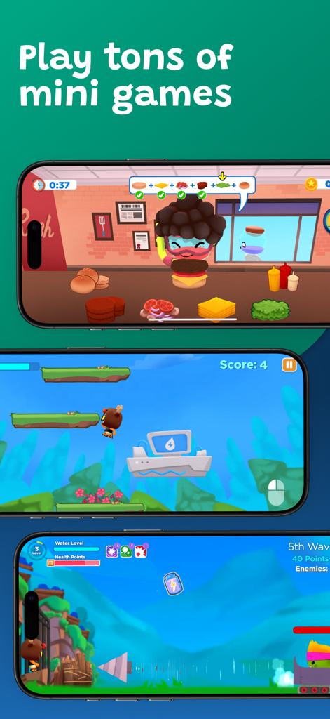 Boddle - Una exhibición de tres minijuegos 3D diferentes de la aplicación Boddle mostrados en pantallas de teléfonos inteligentes, incluido un juego de cocina y un plataformas.