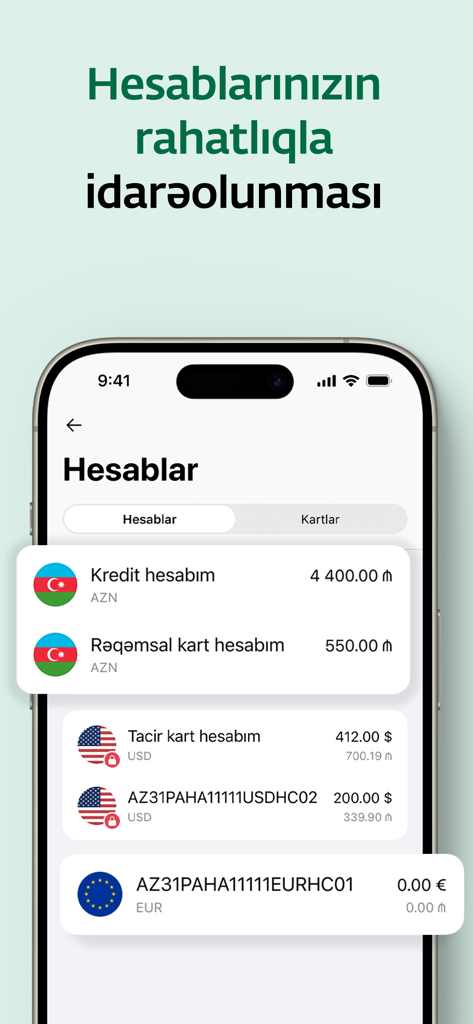 PASHA Bank Business - PASHA Bank Business app dashboard showing multi-currency account balances in AZN, USD, and EUR