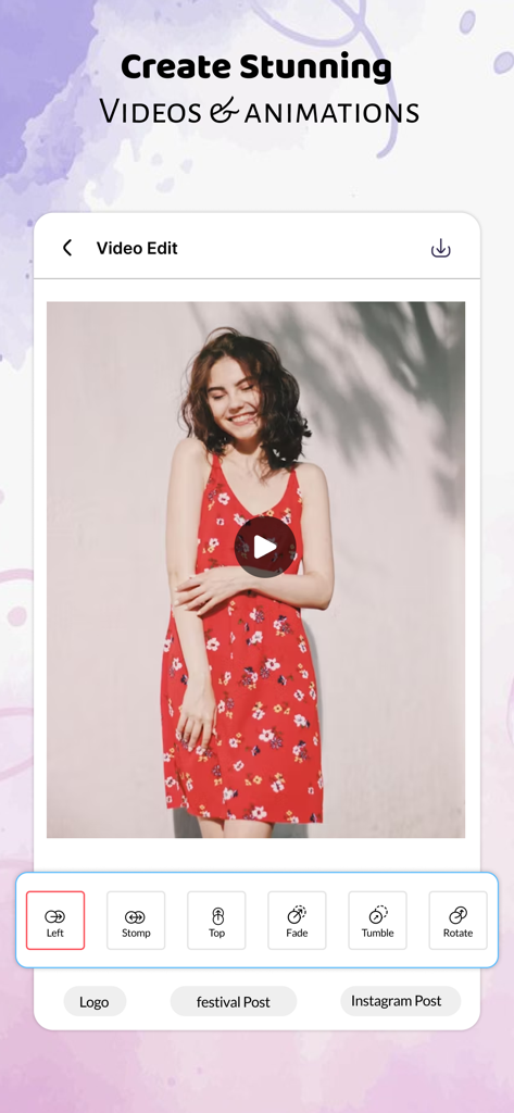 Kriadl mobile app interface showing video and animation editing tools