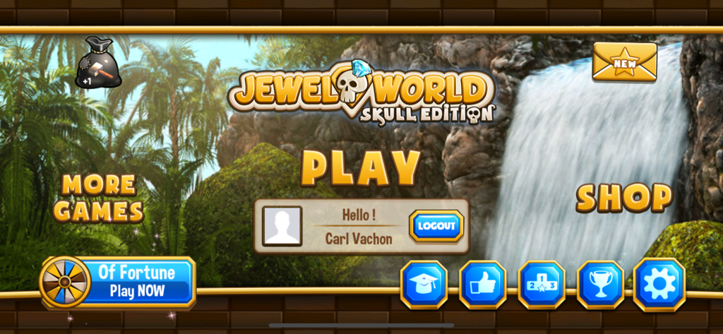 Jewel World PRO Skull Edition - Pantalla principal del juego Jewel World PRO Edición Calavera con fondo de cascada y botón de reproducción
