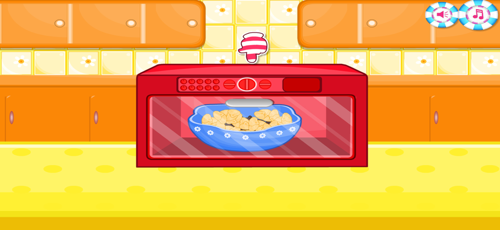Cakes Maker : Cooking Desserts - A blue bowl melting ingredients inside a red microwave in a cartoon kitchen