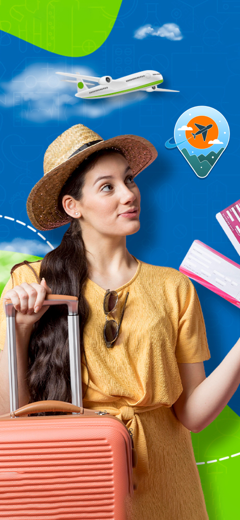 A woman with a suitcase and travel documents representing visa preparation and international travel planning.