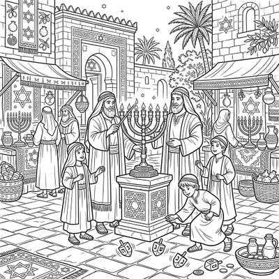 Journey back in time to an ancient Hanukkah celebration with this richly detailed coloring page. Witness historical cultures coming alive as families gather around the menorah, surrounded by traditional symbols and a festive marketplace atmosphere.