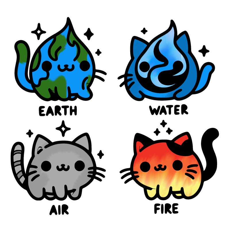 4 cats that represent the different elements, earth, water, air, and fire
