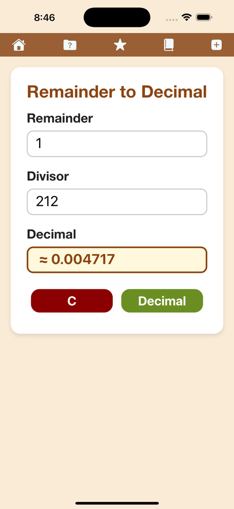 La interfaz de la aplicación Calculadora de División Larga mostrando una pantalla de conversión de resto a decimal.