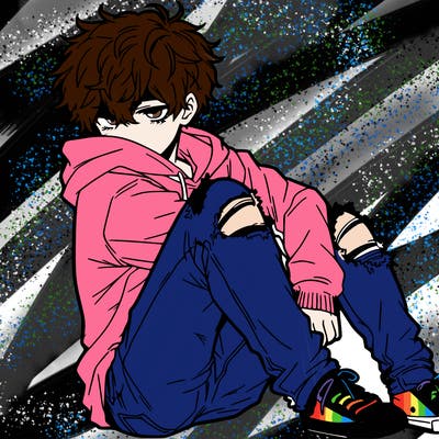 a male hoddie ripped jeans messy hair anime