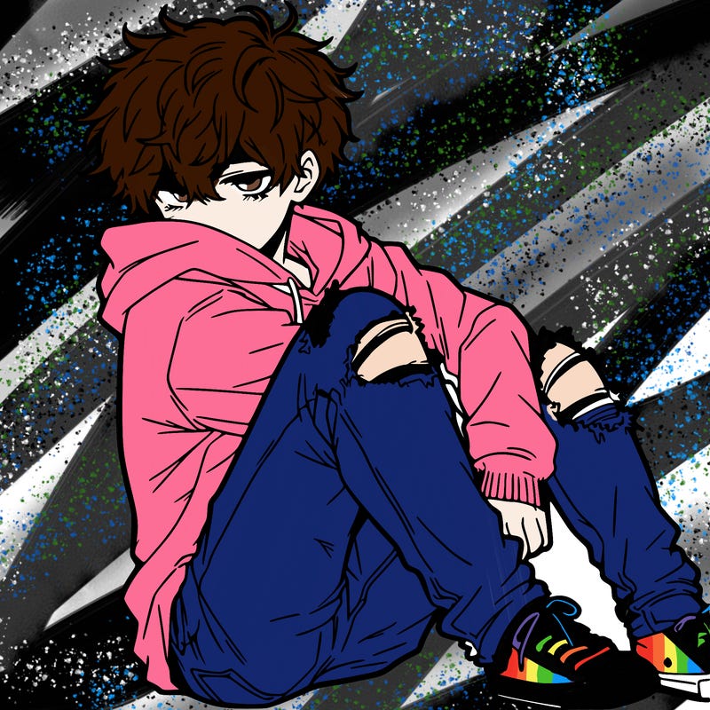 a male hoddie ripped jeans messy hair anime