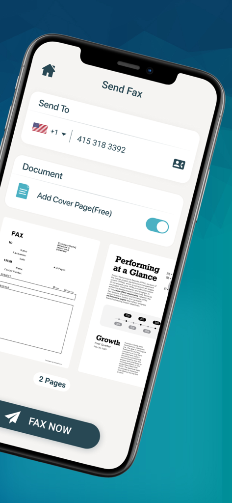 Send fax screen in the Easy Fax app featuring recipient input document preview and a free cover page option