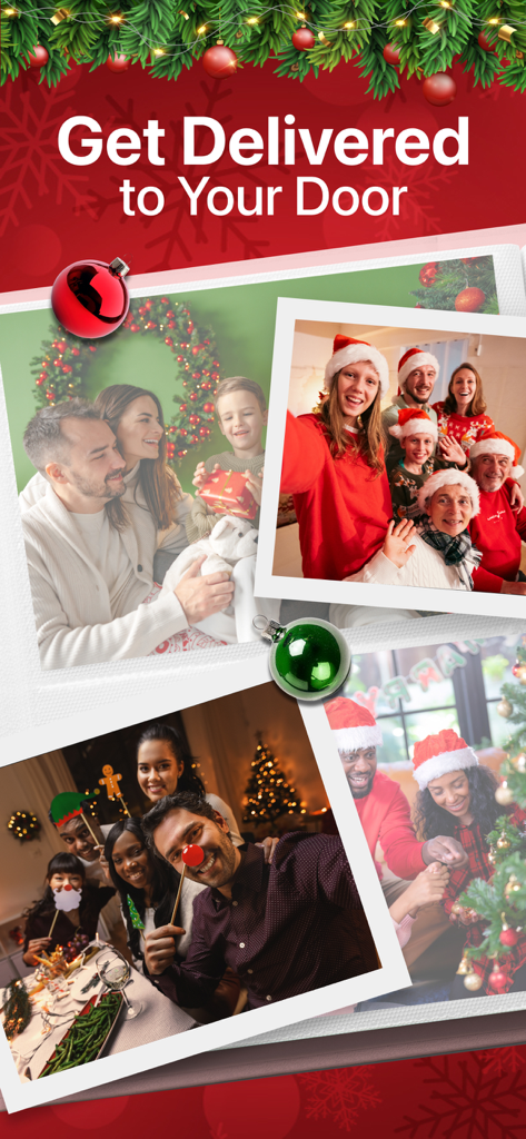 Photo Print: CVS Quick Prints - Christmas themed family photo prints with a text overlay promoting home delivery
