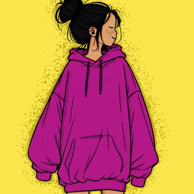 realistic girl with a oversized sweatshirt on and a bun