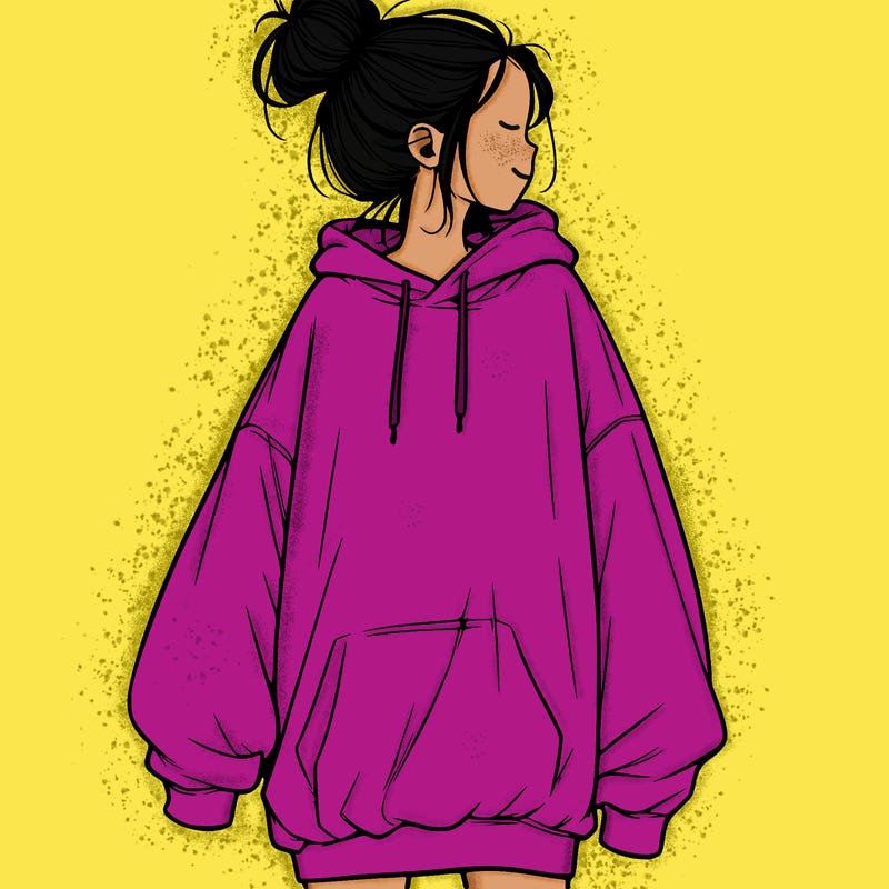 realistic girl with a oversized sweatshirt on and a bun