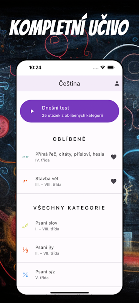 Čeština - チェコ語アプリのメイン画面。様々なチェコ語文法学習カテゴリと毎日のテストボタンが表示されています
