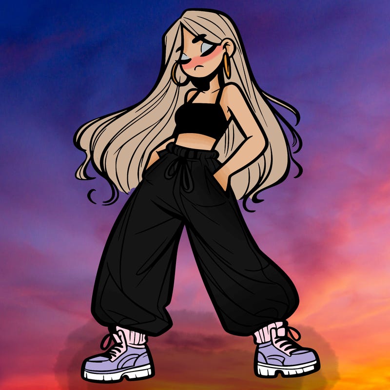 girl in baggy pants crop top and long hair