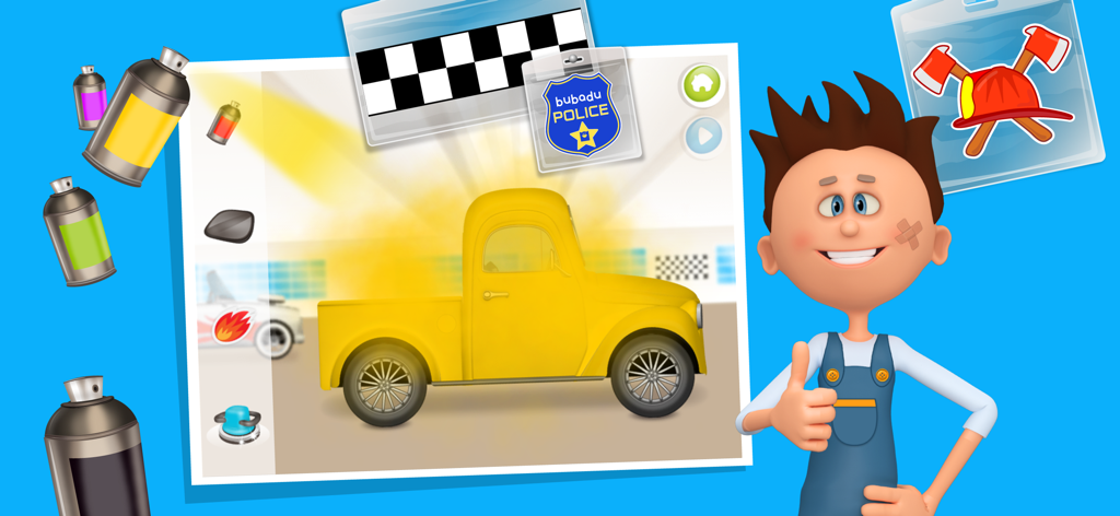 Mechanic Max character giving a thumbs up next to a yellow truck in the car repair game paint shop