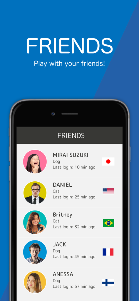 Brain Wars - Brain Wars app friends list showing global competitors with profile photos and flags