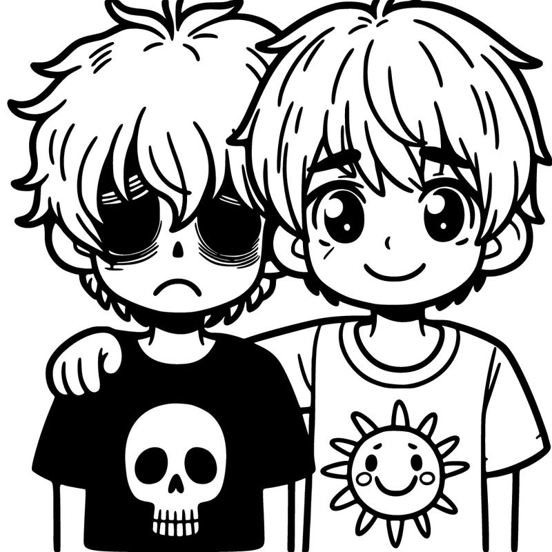 two boys one with a skull on his shirt and shaggy hair looking sad and the other boy with neat hair and sunny shirt looking happy with their arms around each other
