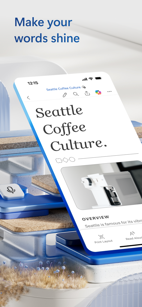 A smartphone screen showing the Microsoft Word app interface with a document titled Seattle Coffee Culture and the slogan Make your words shine