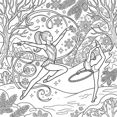 Witness the grace of rhythmic gymnasts as they perform elegant routines in a beautiful winter wonderland. This charming coloring page features intricate details of snow, trees, and flying ribbons.