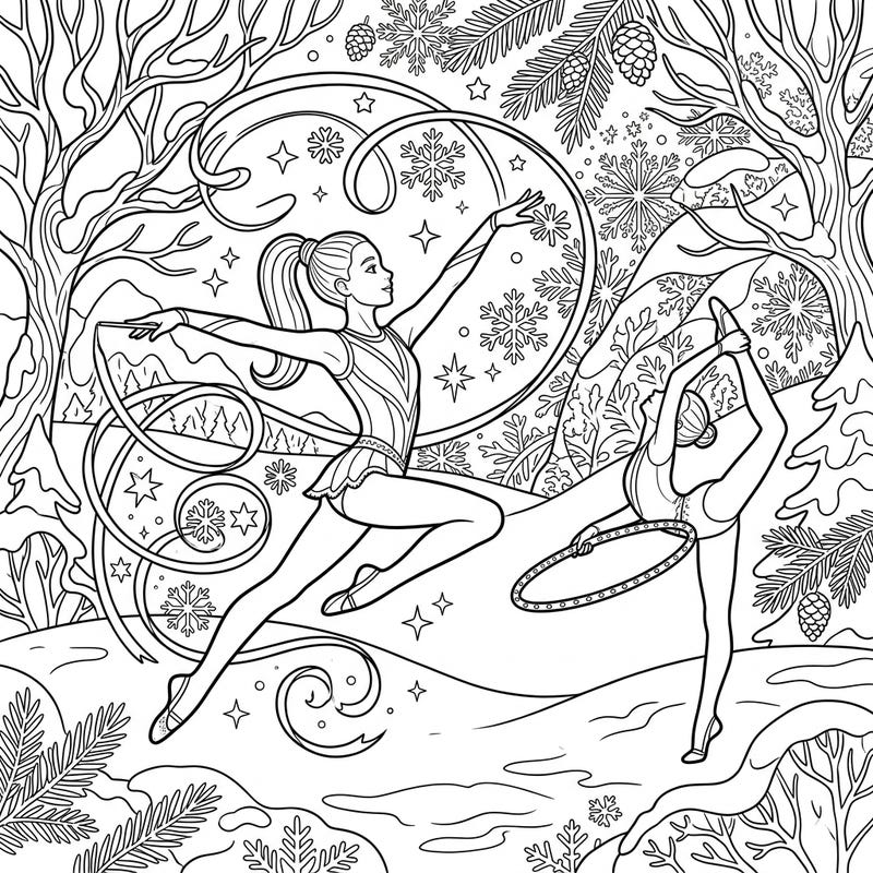 Witness the grace of rhythmic gymnasts as they perform elegant routines in a beautiful winter wonderland. This charming coloring page features intricate details of snow, trees, and flying ribbons.