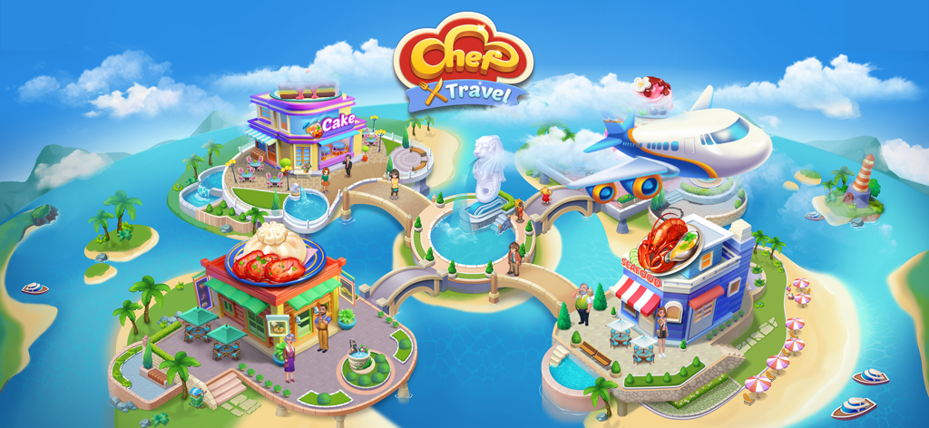 Chef Travel: Cooking Journey - Chef Travel game world map showing tropical islands with themed restaurants and a travel plane