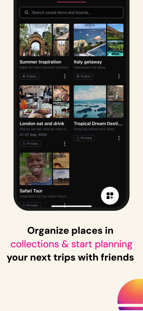 Yaay app screen showing visual travel boards for organizing trip ideas and locations.