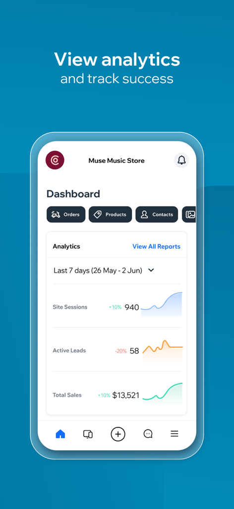 Wix - Website Builder - Tableau de bord mobile de l'application Wix montrant des analyses d'entreprise, y compris les sessions sur le site, les prospects actifs et les ventes totales avec des graphiques de tendance.