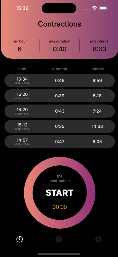 Pregnancy: Contraction Timer - Mobile app interface showing contraction frequency duration and intervals with a start button