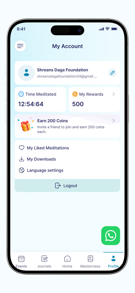 SOUL LAB - User account profile screen in the SOUL LAB app showing meditation time and earned rewards