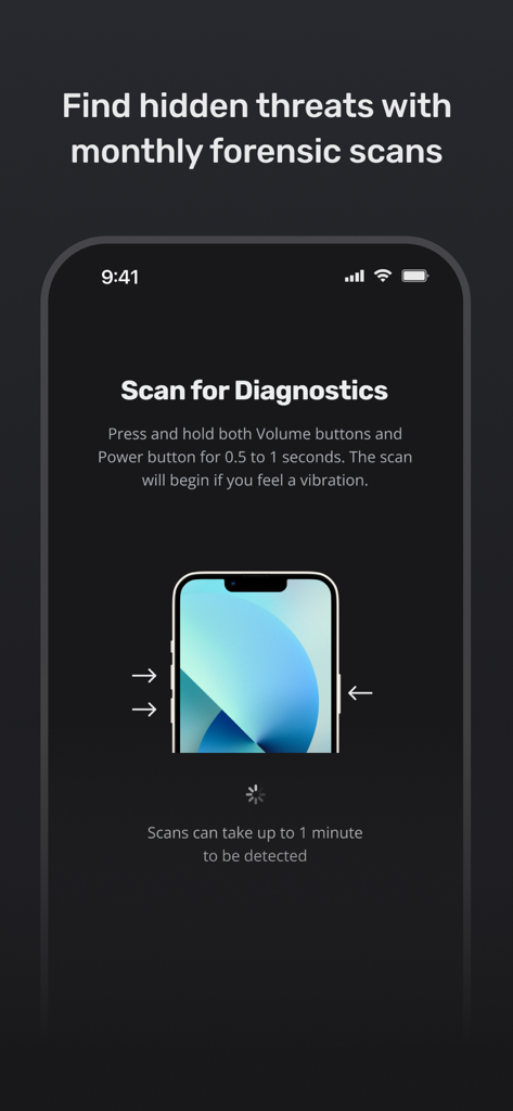 iVerify Basic - Una captura de pantalla de iVerify Basic mostrando instrucciones para un escaneo forense de diagnóstico en un iPhone