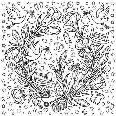 Welcome a new arrival with this charming coloring page, blending delicate carnation buds with heartwarming baby shower motifs. Discover storks, cradles, and tiny footprints, all waiting for your creative touch.