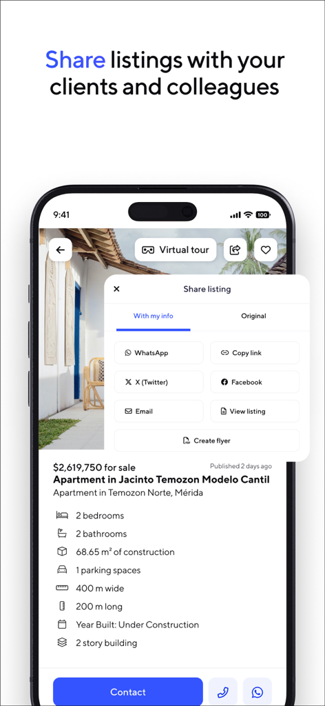 EasyBroker mobile app interface showing real estate listing share options including WhatsApp, social media, and email