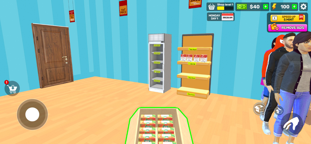 Supermart Store 3D Simulator - Interior de supermercado 3D mostrando um jogador se preparando para reabastecer prateleiras vazias enquanto os clientes esperam na fila.