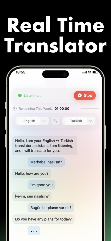 Vox AI: Real Time Translator - Vox AI mobile app interface displaying a real-time voice translation conversation between English and Turkish